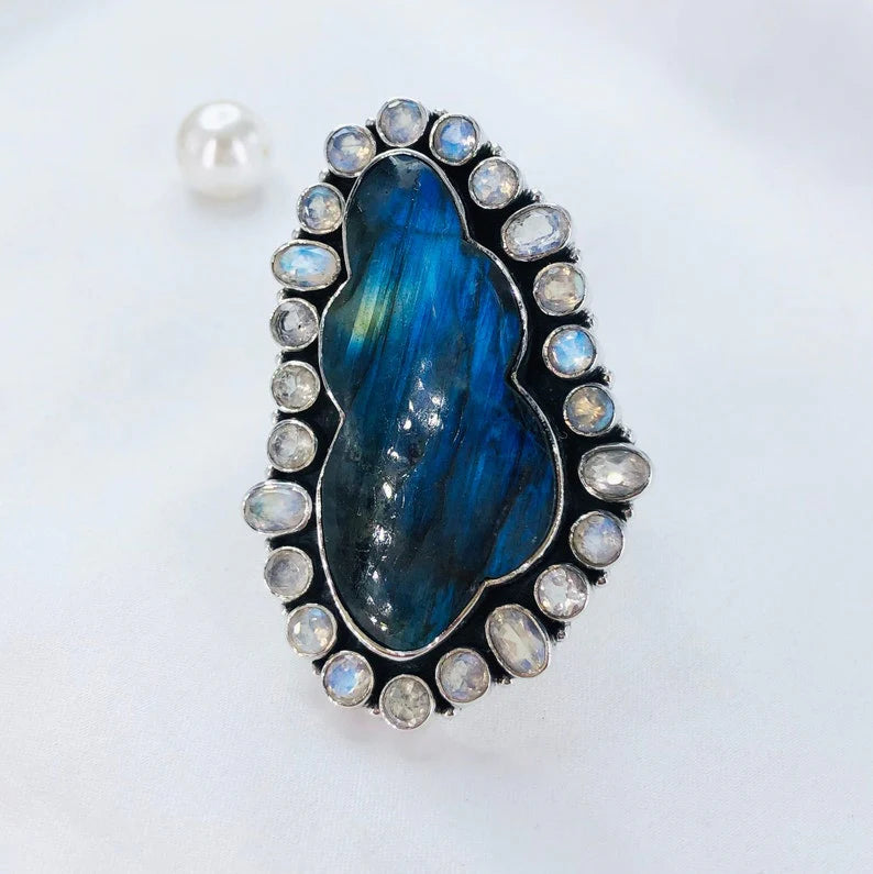 Blue Fire Labradorite Gemstone Statement Ring Sterling Silver Rainbow Moonstone Ring For Women