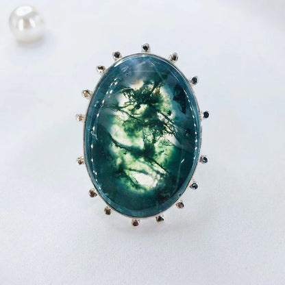 925 Sterling Silver Green Moss Agate Gemstone Statement Ring Anniversary Gift For Her