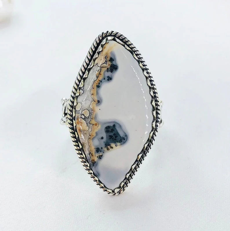 925 Sterling Silver Dendrite Agate Gemstone Statement Ring