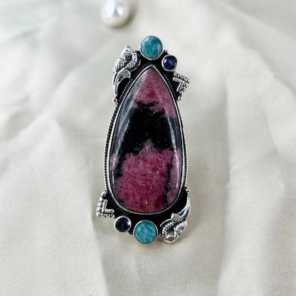 Natural Rhodonite, Amethyst and Amazonite Gemstone Boho Ring