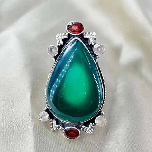 Natural Green Onyx Ring Multi Gemstone Statement Ring For Gift