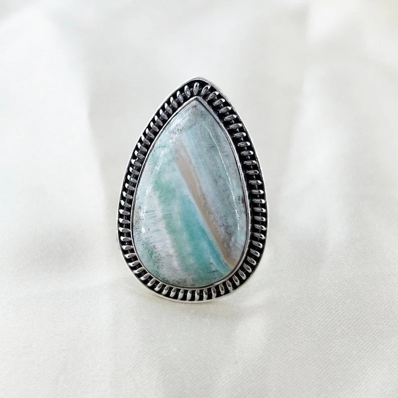 Natural Pear Amazonite Gemstone 925 Sterling Silver Statement Ring