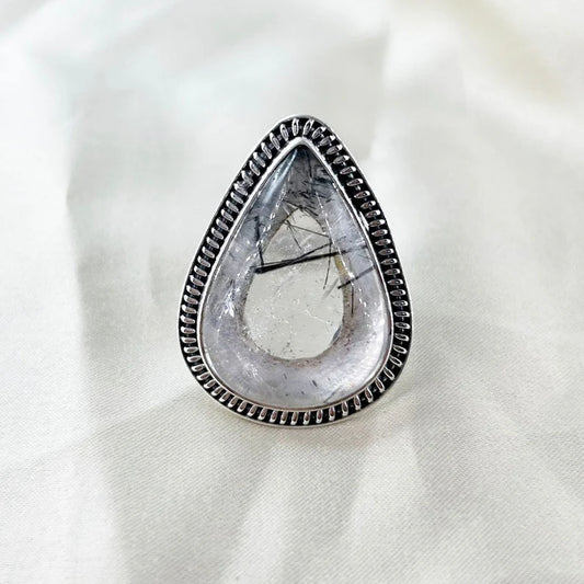 925 Sterling Silver Black Rutile Quartz Gemstone Vintage Ring Gift For Her