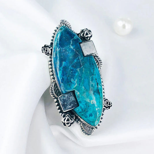 925 Sterling Silver Natural Chrysocolla Apatite & Rainbow Moonstone Statement Ring For Women