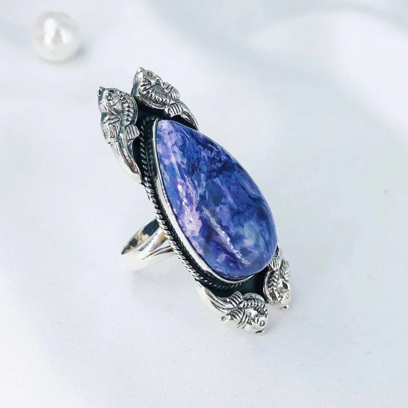 Solid 925 Sterling Silver Unique Charoite Gemstone Women's Ring