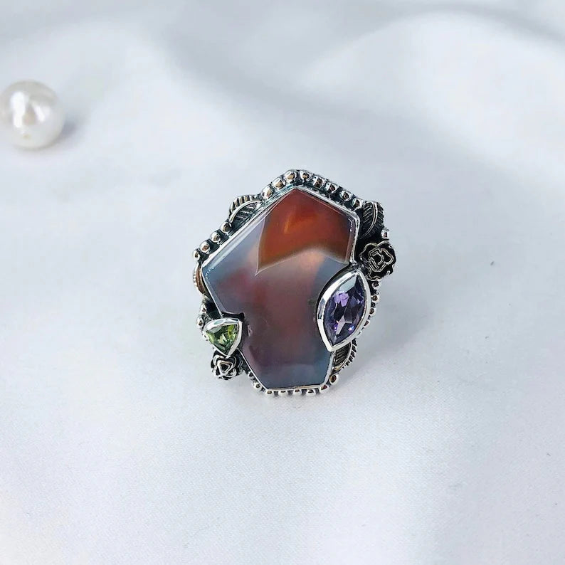 Botswana Agate Amethyst & Peridot Gemstone 925 Sterling Silver Multi Stone Ring