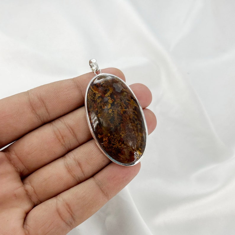 925 Sterling Silver Natural Red Moss Agate Gemstone Pendant Gift For Her