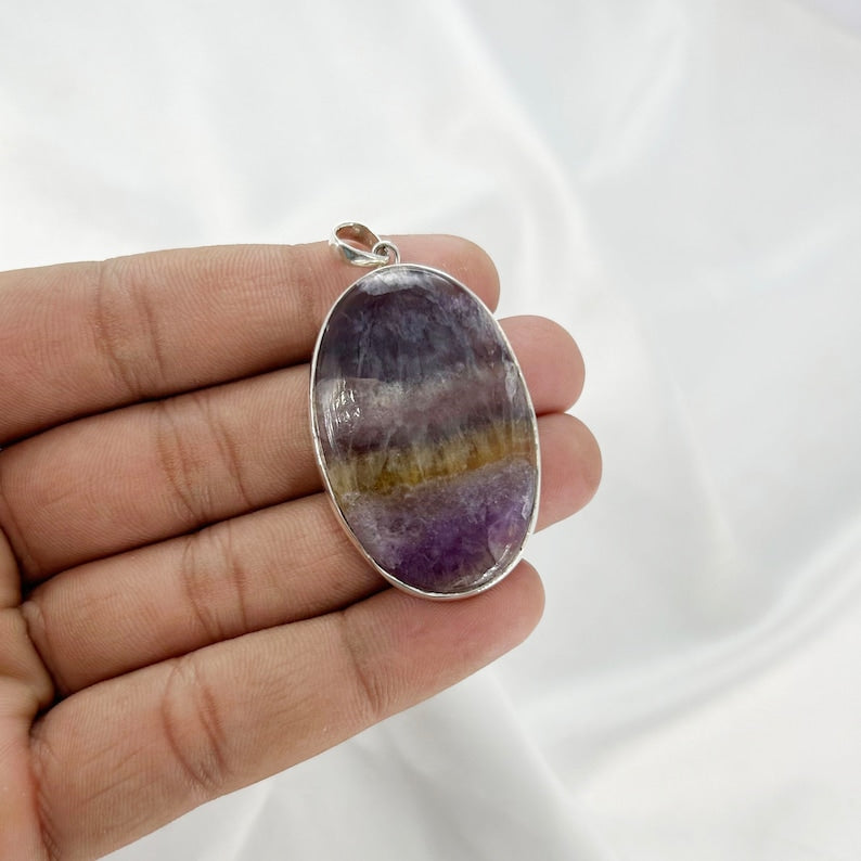 925 Sterling Silver Natural Fluorite Gemstone Statement Pendant Gift For Her