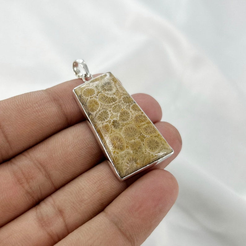 Natural Fossil Coral Gemstone 925 Sterling Silver Women Pendant Gift For Her