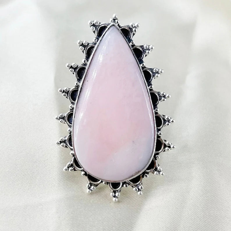 Natural Pink Opal Gemstone 925 Sterling Silver Designer Statement Ring Gift For Loved Ones