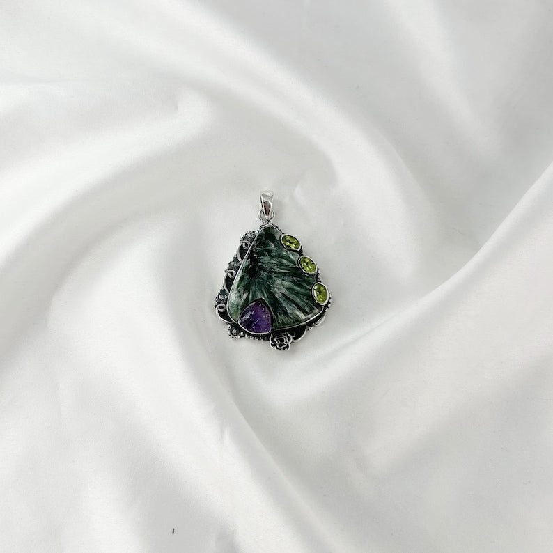 925 Sterling Silver Natural Seraphinite Gemstone Pendant Gift For Her