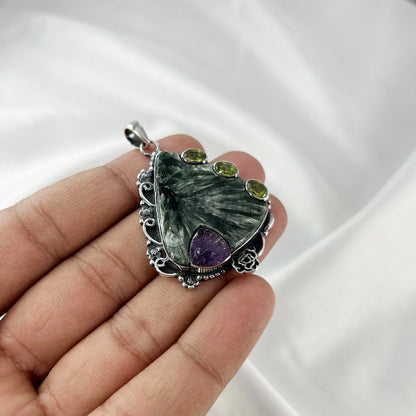 925 Sterling Silver Natural Seraphinite Gemstone Pendant Gift For Her