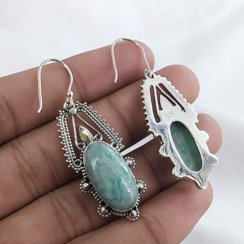 Natural Amazonite Gemstone 925 Sterling Silver Drop Dangle Earrings Gift For Her