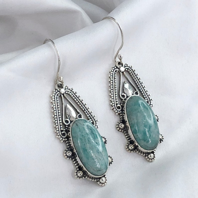 Natural Amazonite Gemstone 925 Sterling Silver Drop Dangle Earrings Gift For Her