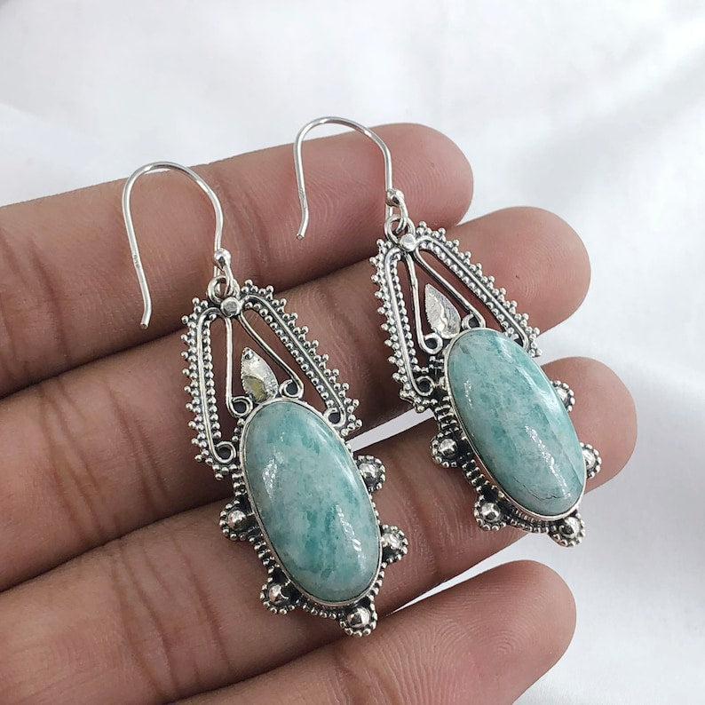 Natural Amazonite Gemstone 925 Sterling Silver Drop Dangle Earrings Gift For Her