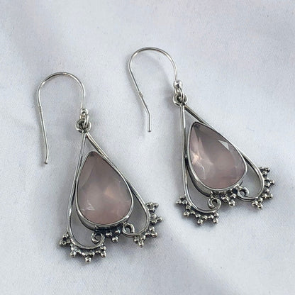 Rose Quartz Gemstone 925 Sterling Silver Women's Drop Dangle Earrings