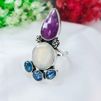 925 Sterling Silver Pink Ruby Opal Kyanite Gemstone Designer Statement Ring For Women