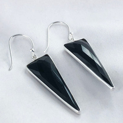 925 Sterling Silver Black Onyx Gemstone Long Dangle Earrings