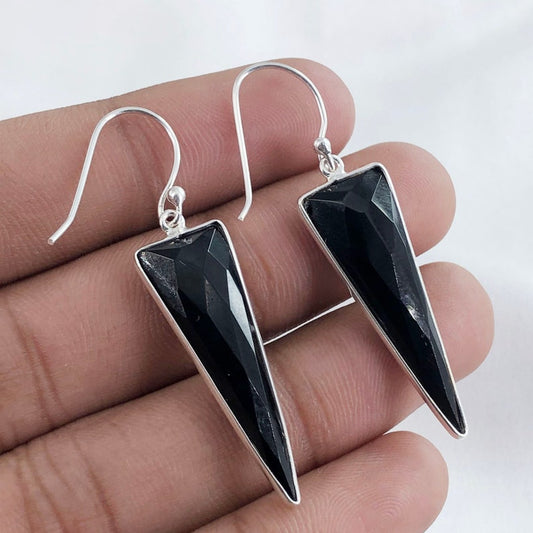 925 Sterling Silver Black Onyx Gemstone Long Dangle Earrings