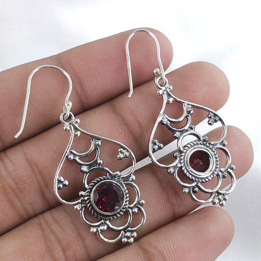 Natural Red Garnet Gemstone 925 Sterling Silver Designer Earrings