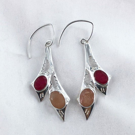 925 Sterling Silver Ruby and Sunstone Gemstone Women's Drop Dangle Earrings