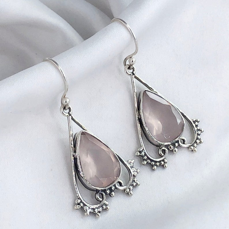 Rose Quartz Gemstone 925 Sterling Silver Women's Drop Dangle Earrings