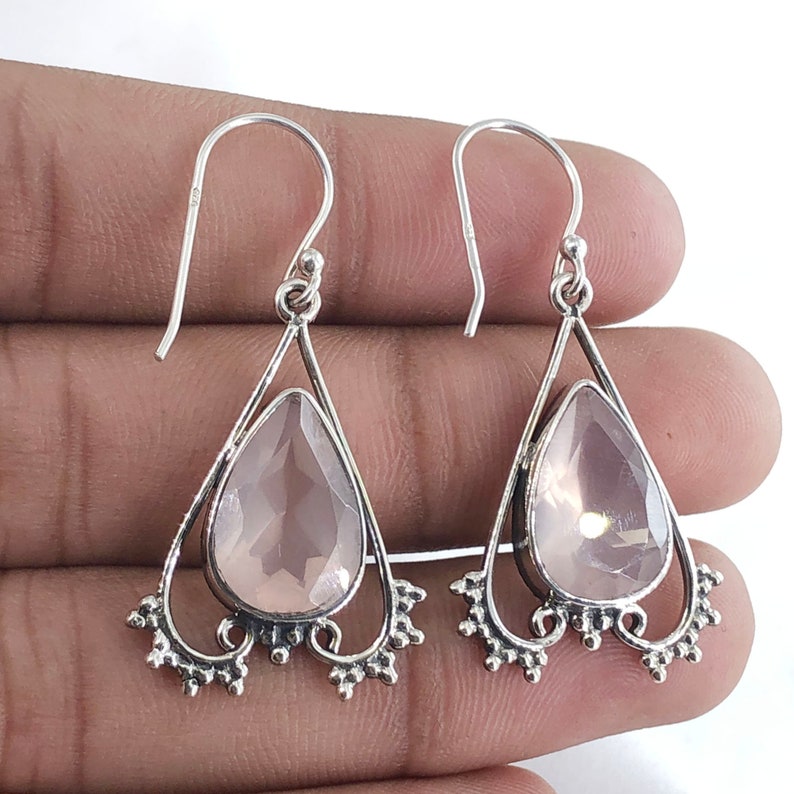 Rose Quartz Gemstone 925 Sterling Silver Women's Drop Dangle Earrings