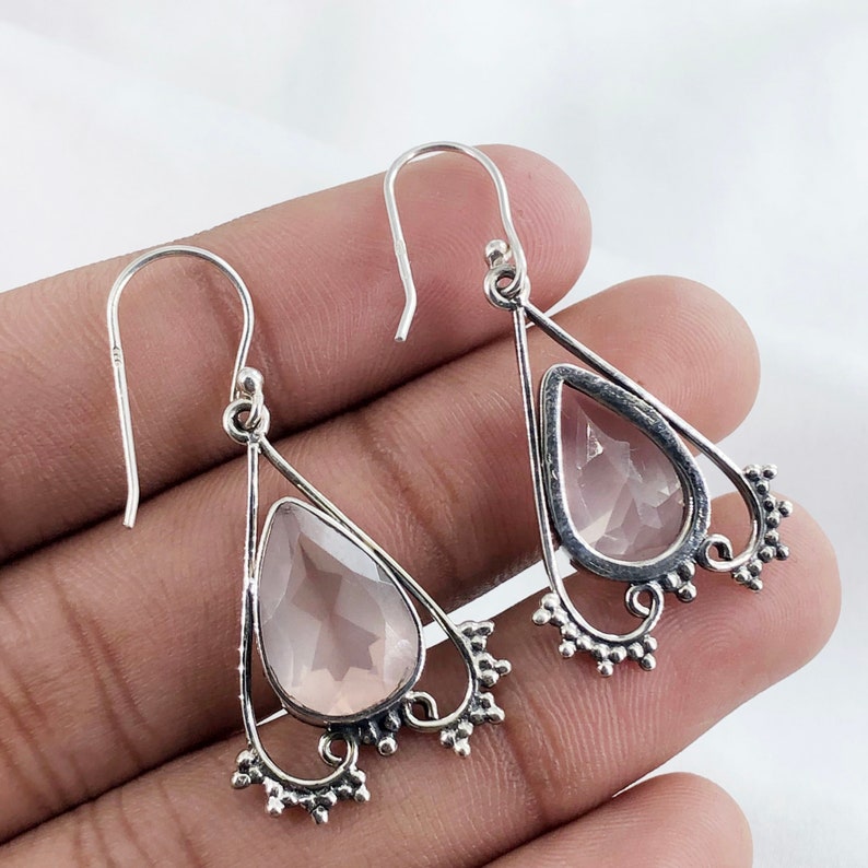 Rose Quartz Gemstone 925 Sterling Silver Women's Drop Dangle Earrings