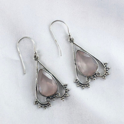 Rose Quartz Gemstone 925 Sterling Silver Women's Drop Dangle Earrings