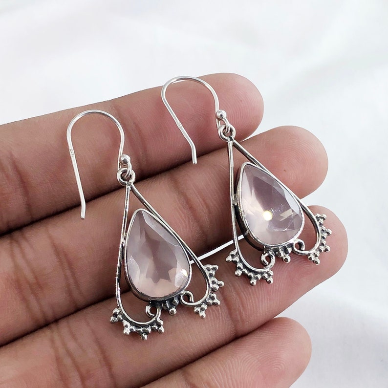 Rose Quartz Gemstone 925 Sterling Silver Women's Drop Dangle Earrings