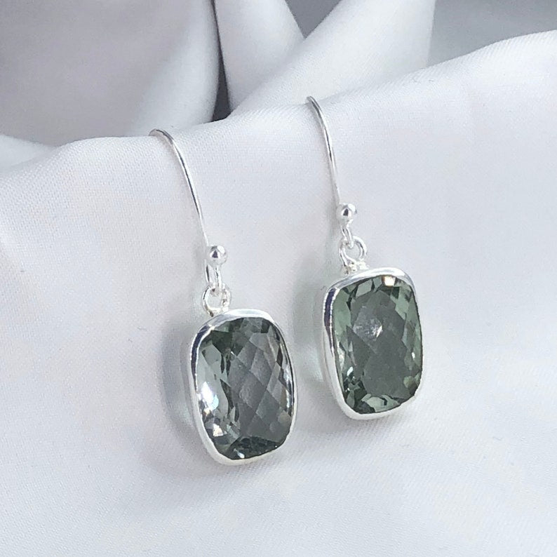 925 Sterling Silver Natural Green Amethyst Gemstone Drop Dangle Earring