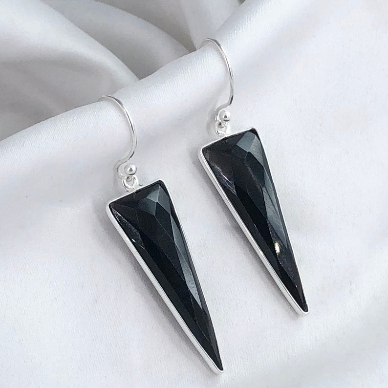 925 Sterling Silver Black Onyx Gemstone Long Dangle Earrings