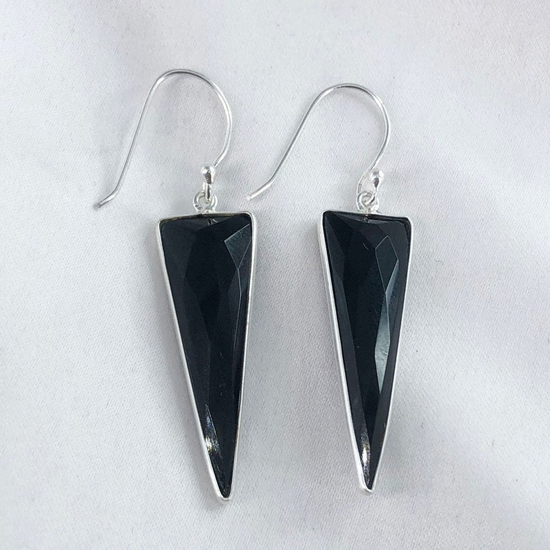 925 Sterling Silver Black Onyx Gemstone Long Dangle Earrings