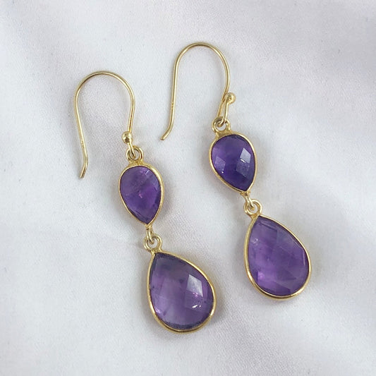 925 Silver Gold Plated Purple Amethyst Gemstone Drop Dangle Earrings For Her