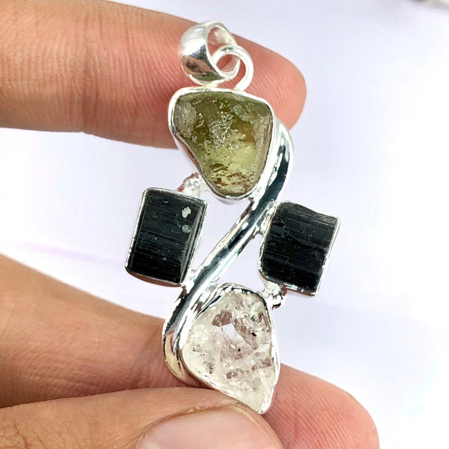 925 Sterling Silver Raw Authentic Moldavite, Herkimer Diamond and Black Tourmaline Gemstone Pendant Jewelry