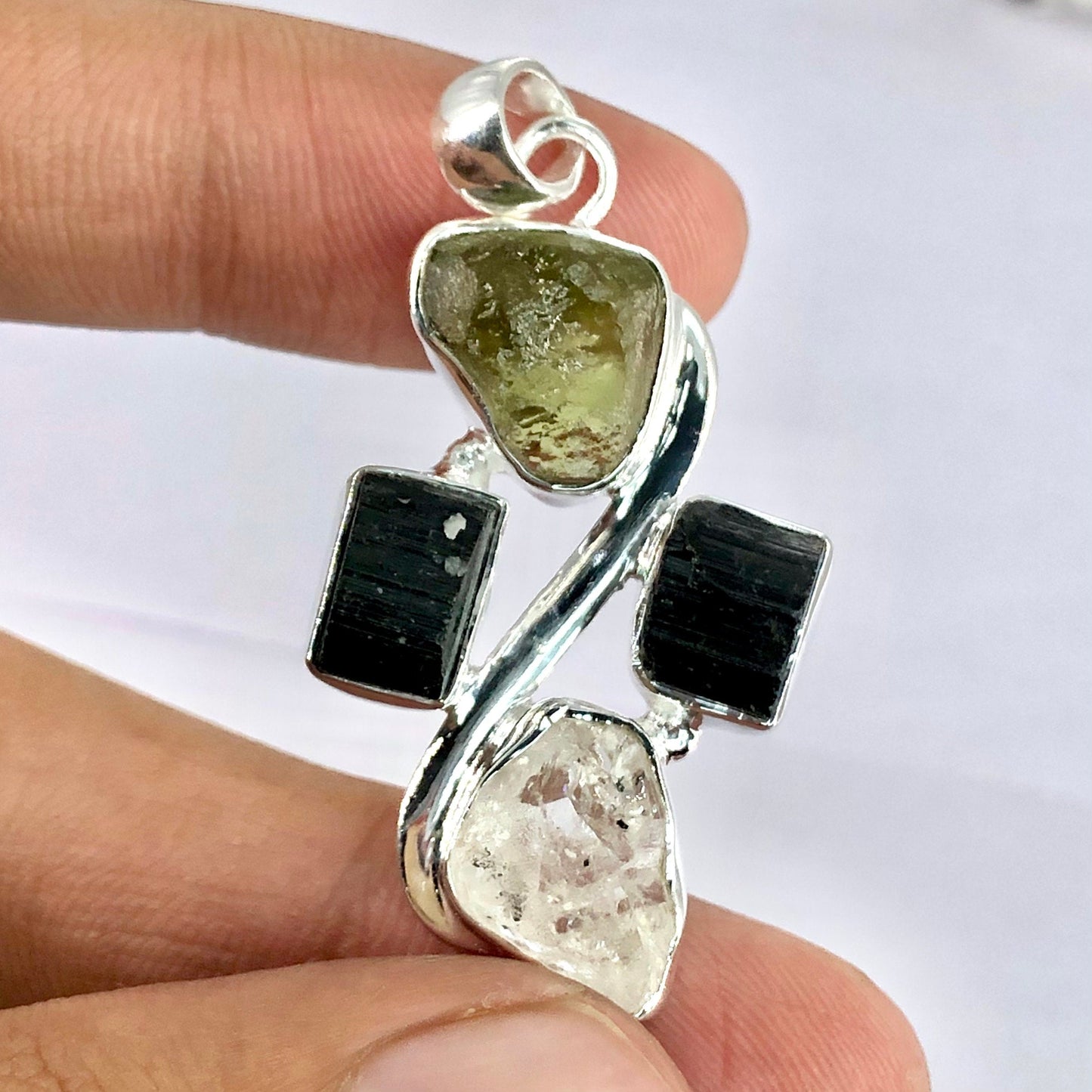 925 Sterling Silver Raw Authentic Moldavite, Herkimer Diamond and Black Tourmaline Gemstone Pendant Jewelry