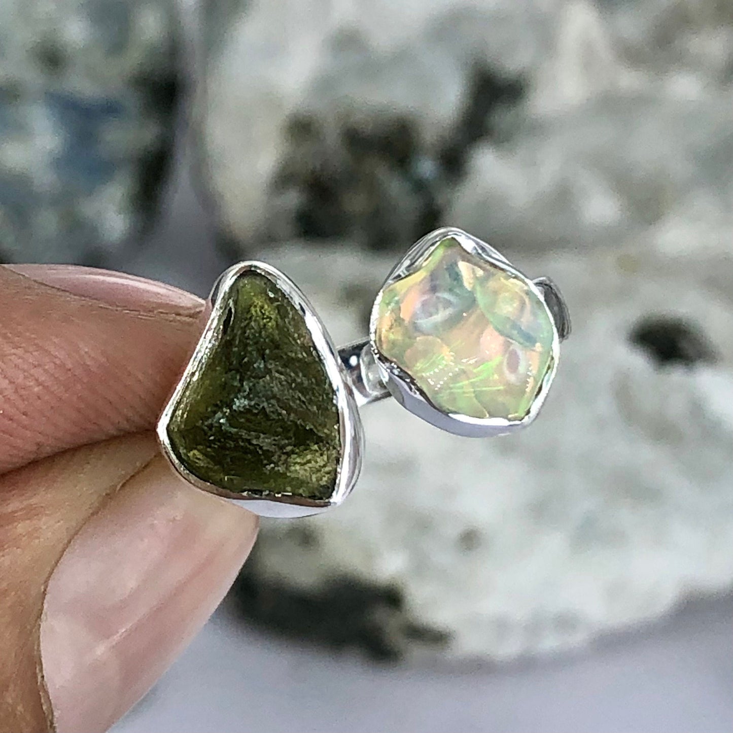 925 Sterling Silver Genuine Moldavite Gemstone Raw Rough Opal and Moldavite Ring Gift For Her