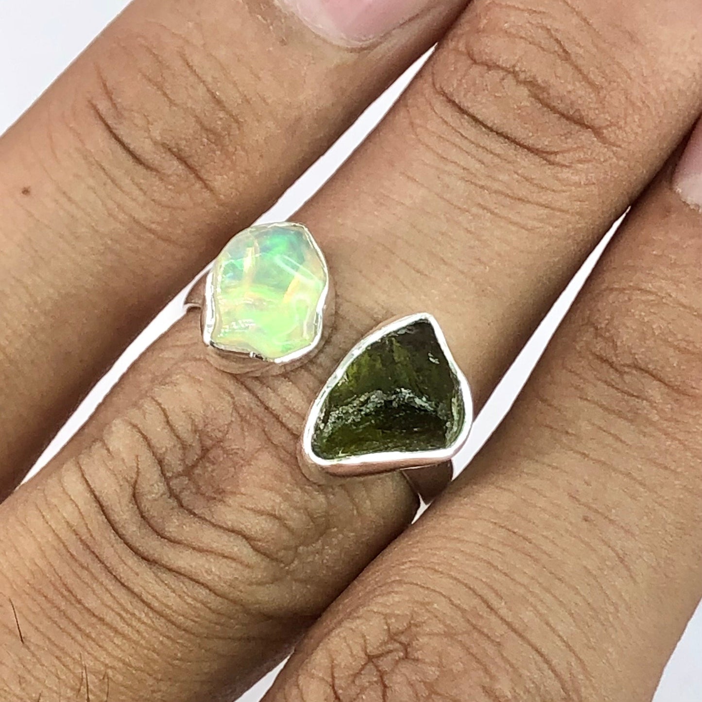 925 Sterling Silver Genuine Moldavite Gemstone Raw Rough Opal and Moldavite Ring Gift For Her