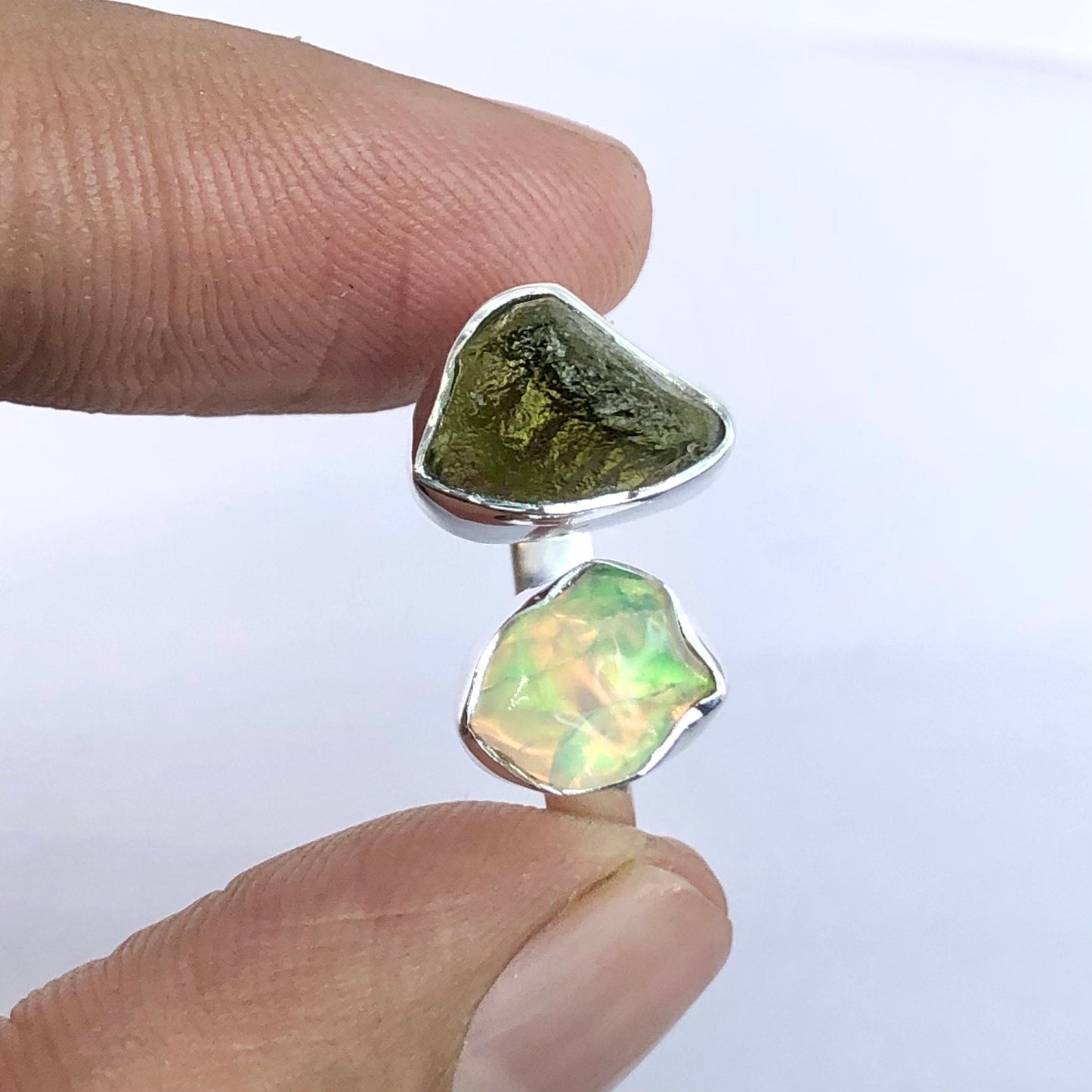 925 Sterling Silver Genuine Moldavite Gemstone Raw Rough Opal and Moldavite Ring Gift For Her