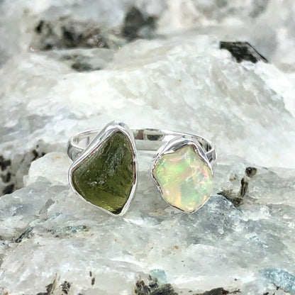 925 Sterling Silver Genuine Moldavite Gemstone Raw Rough Opal and Moldavite Ring Gift For Her