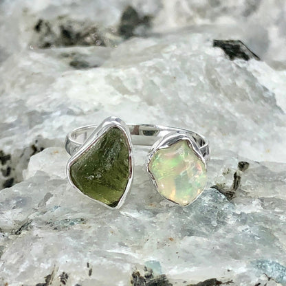 925 Sterling Silver Genuine Moldavite Gemstone Raw Rough Opal and Moldavite Ring Gift For Her