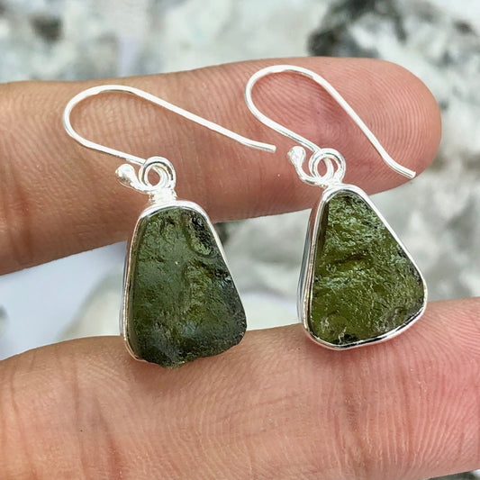 925 Sterling Silver Czech Moldavite Gemstone Minimalist Gemstone Earrings