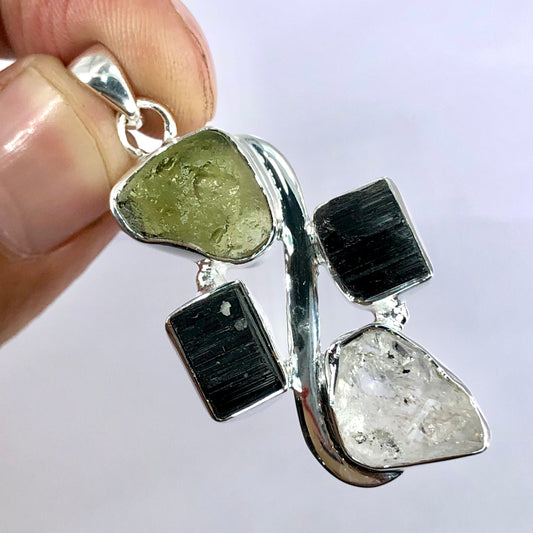 925 Sterling Silver Raw Authentic Moldavite, Herkimer Diamond and Black Tourmaline Gemstone Pendant Jewelry