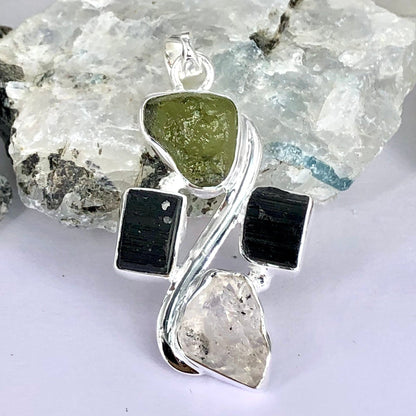 925 Sterling Silver Raw Authentic Moldavite, Herkimer Diamond and Black Tourmaline Gemstone Pendant Jewelry