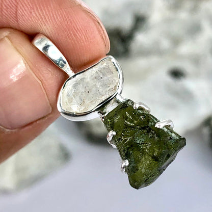 925 Sterling Silver Herkimer Diamond and Moldavite Gemstone Pendant Authentic Czech Republic Moldavite Gemstone Pendant Gift For Her