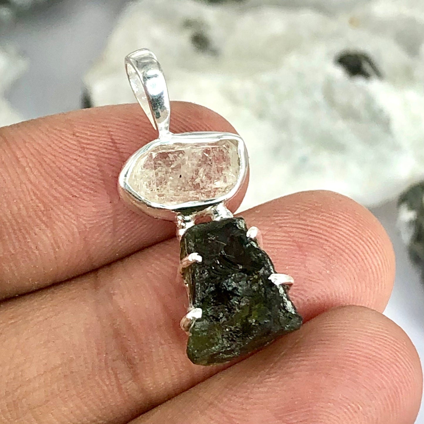 925 Sterling Silver Herkimer Diamond and Moldavite Gemstone Pendant Authentic Czech Republic Moldavite Gemstone Pendant Gift For Her