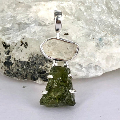 925 Sterling Silver Herkimer Diamond and Moldavite Gemstone Pendant Authentic Czech Republic Moldavite Gemstone Pendant Gift For Her