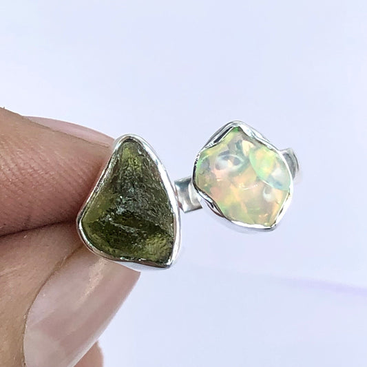 925 Sterling Silver Genuine Moldavite Gemstone Raw Rough Opal and Moldavite Ring Gift For Her