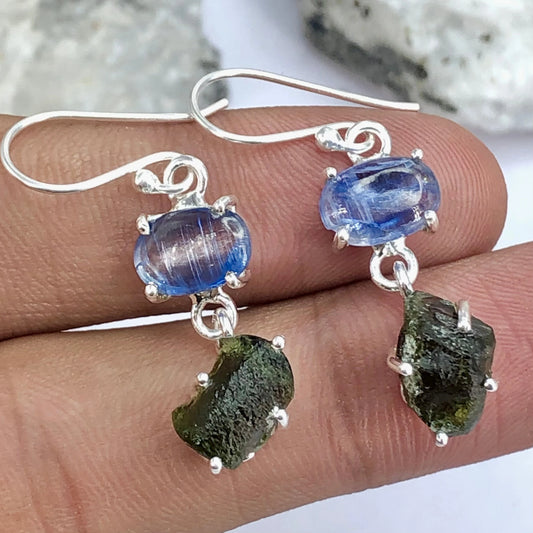 925 Sterling Silver Natural Moldavite and Blue Kyanite Gemstone Designer Earring