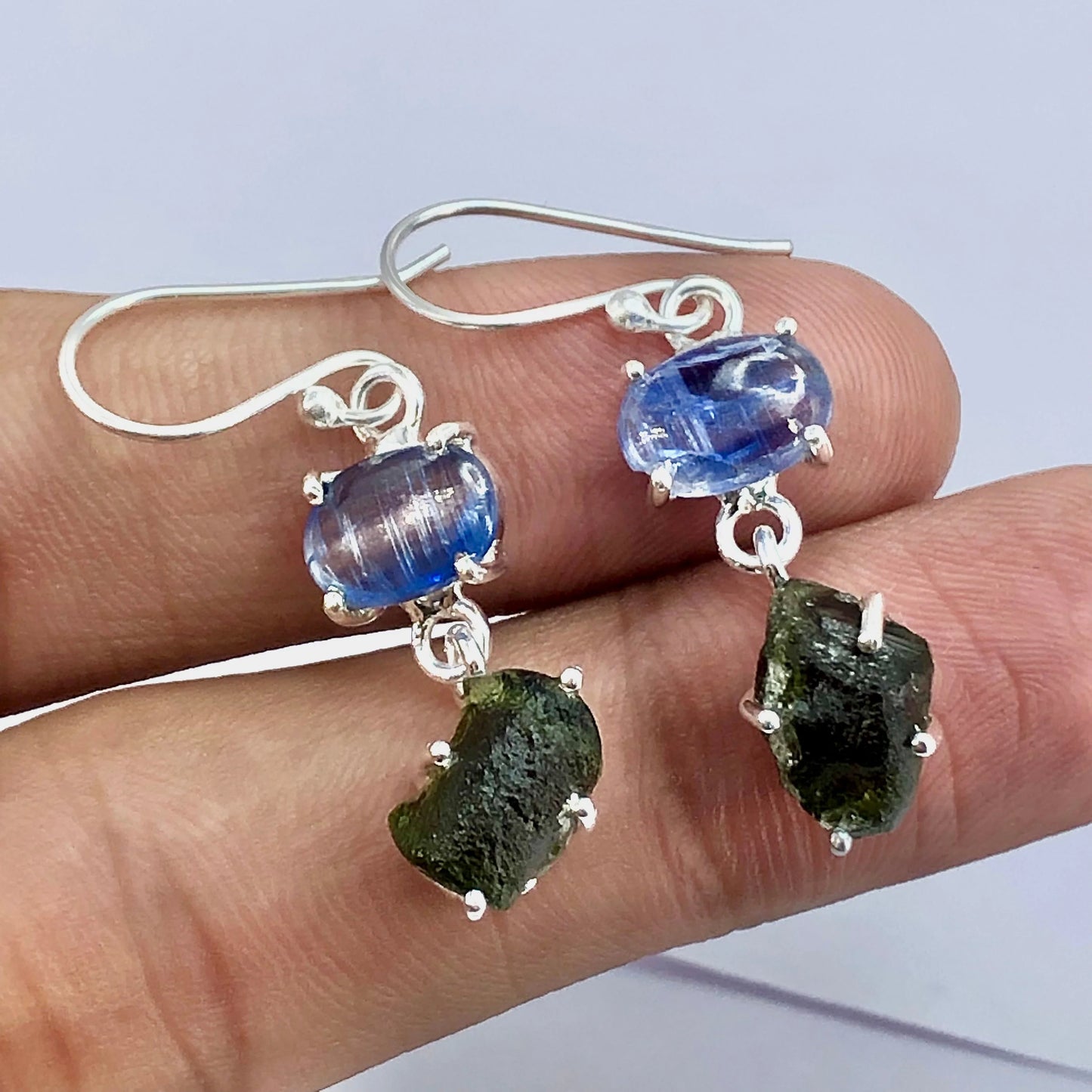 925 Sterling Silver Natural Moldavite and Blue Kyanite Gemstone Designer Earring